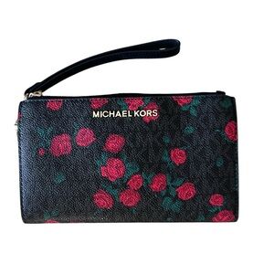 Michael Kors  Jet Set ~ RED ROSE ~ Travel Double Zip  Wristlet  Black / Red